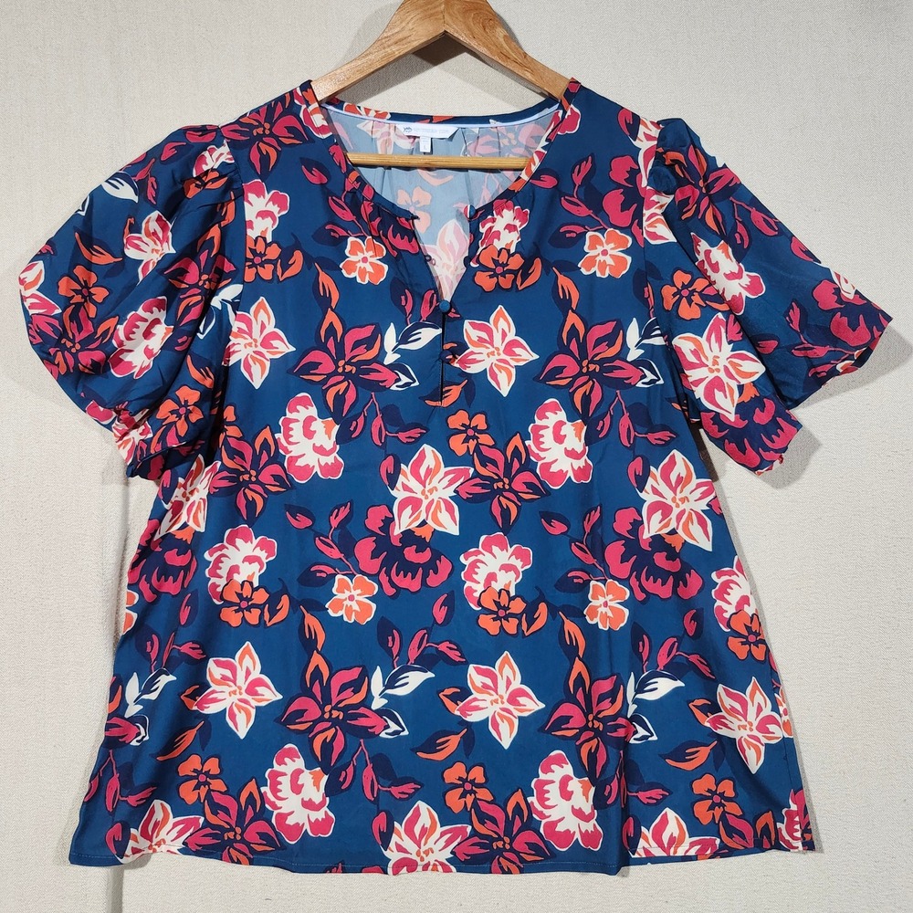 Southern Tide Womens Navy Blue Floral Puff Sleeve Split Neck Blouse Top Large